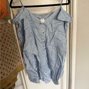 New York & Company Light Blue and White Striped Cold-Shoulder Button-Down Top